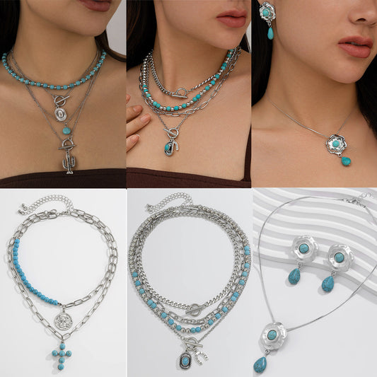 Elegant Gold Plated Geometric Star Pendant Alloy Necklace Set with Faux Turquoise Inlay for Women