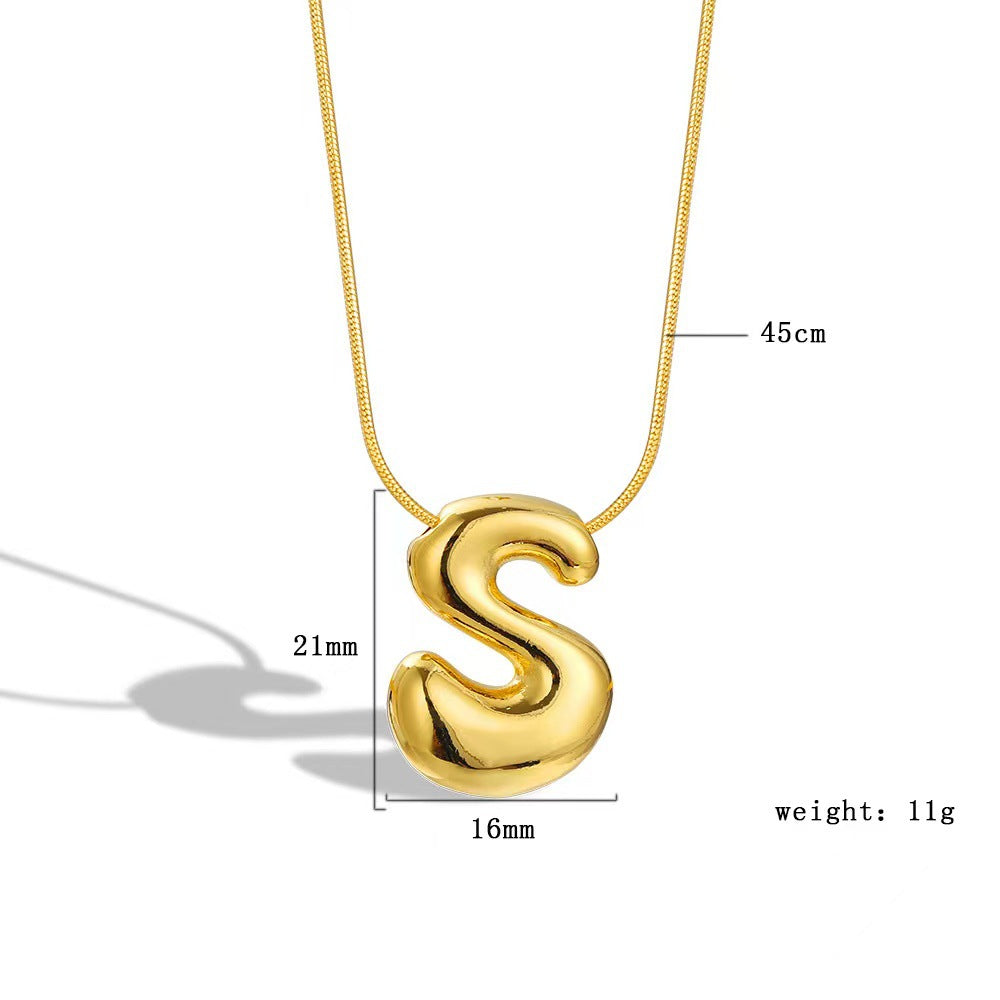 Luxury Balloon Bubble-Shaped Letter Necklace in Titanium Steel with Gold Plating, Snake Chain, Unisex Alphabet Pendant Jewelry