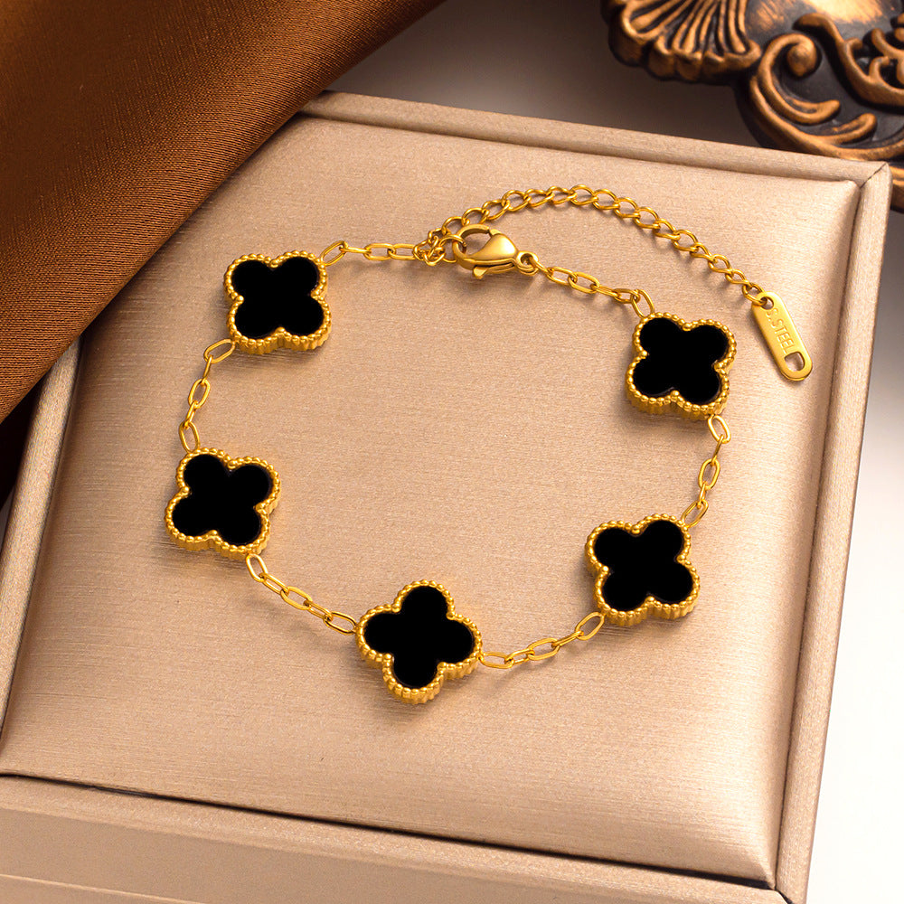 Set di collana, bracciale e orecchini a lobo da donna in acciaio al titanio minimalista con quadrifoglio fortunato