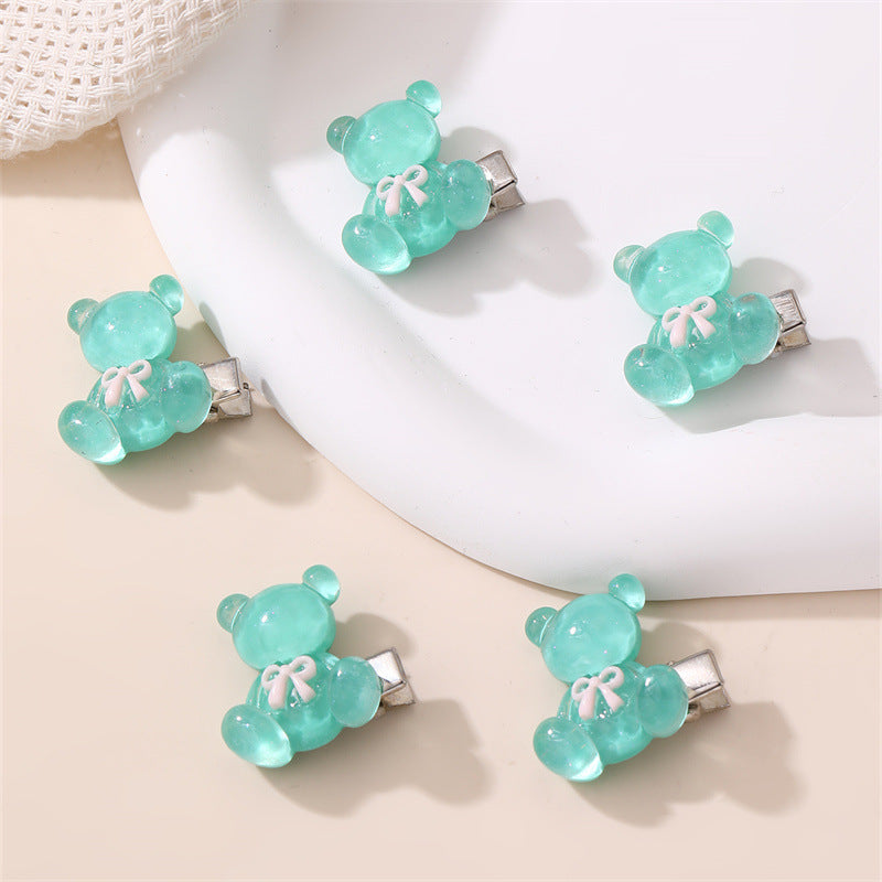Cute Bear-Shaped Hair Clip for Kids with Bow Design in Jelly Color Floral Pattern Made of Plastic Resin Handcrafted for Children Ages 3 to 10