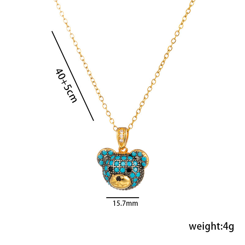 Minimalist 18K Gold Plated Colorful Bear Pendant Necklace with Rhinestones Titanium Steel O-Chain for Women