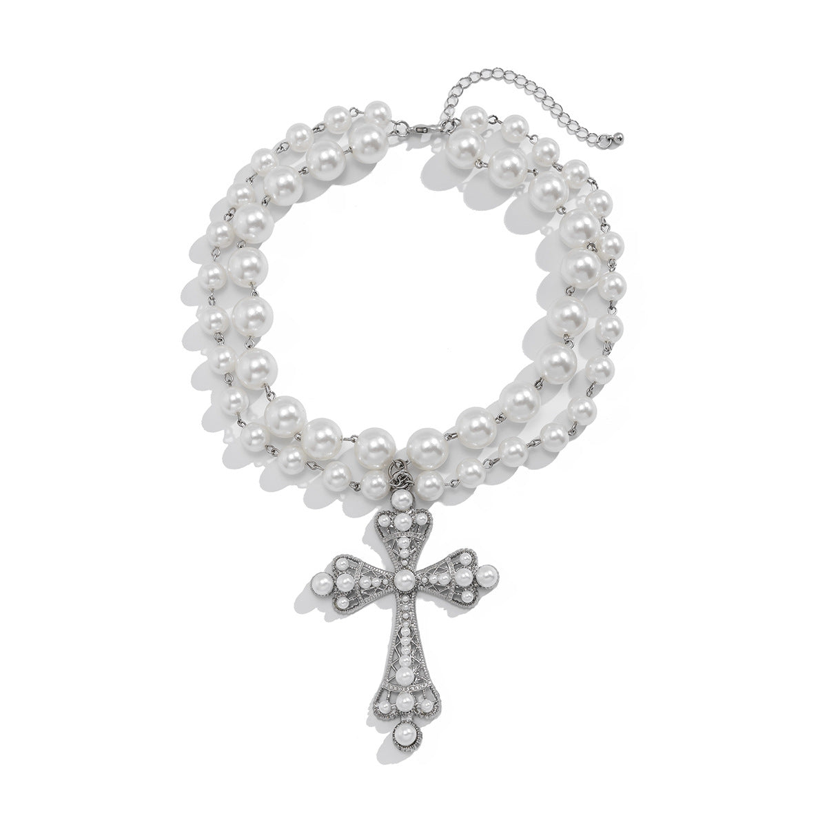 Collar con colgante de cruz geométrica estilo ciberpunk exagerado con incrustaciones de diamantes de imitación y cadena de cuentas para mujer