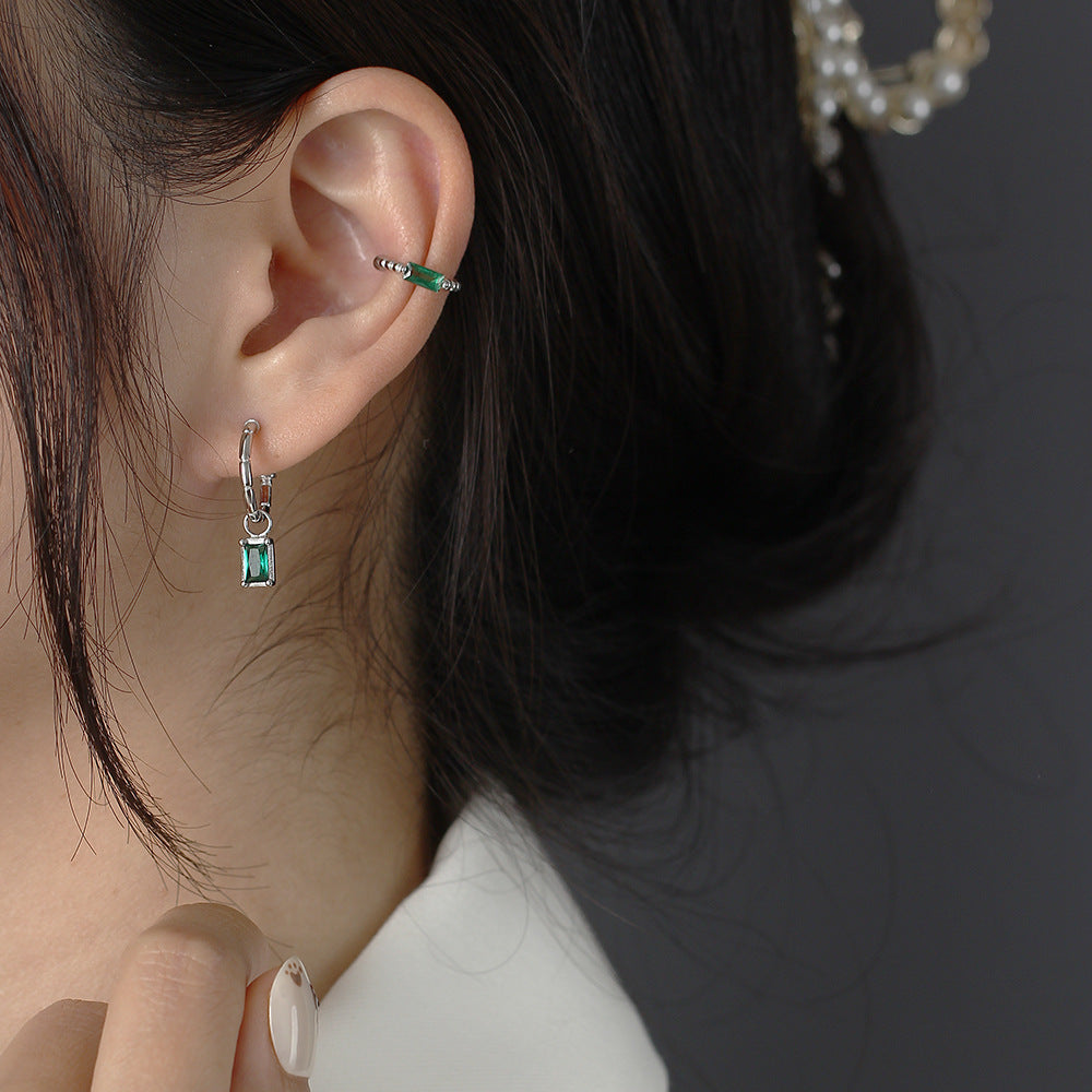 Elegant 925 Sterling Silver Geometric C-Shaped Earrings with Emerald Cubic Zirconia Inlay for Women