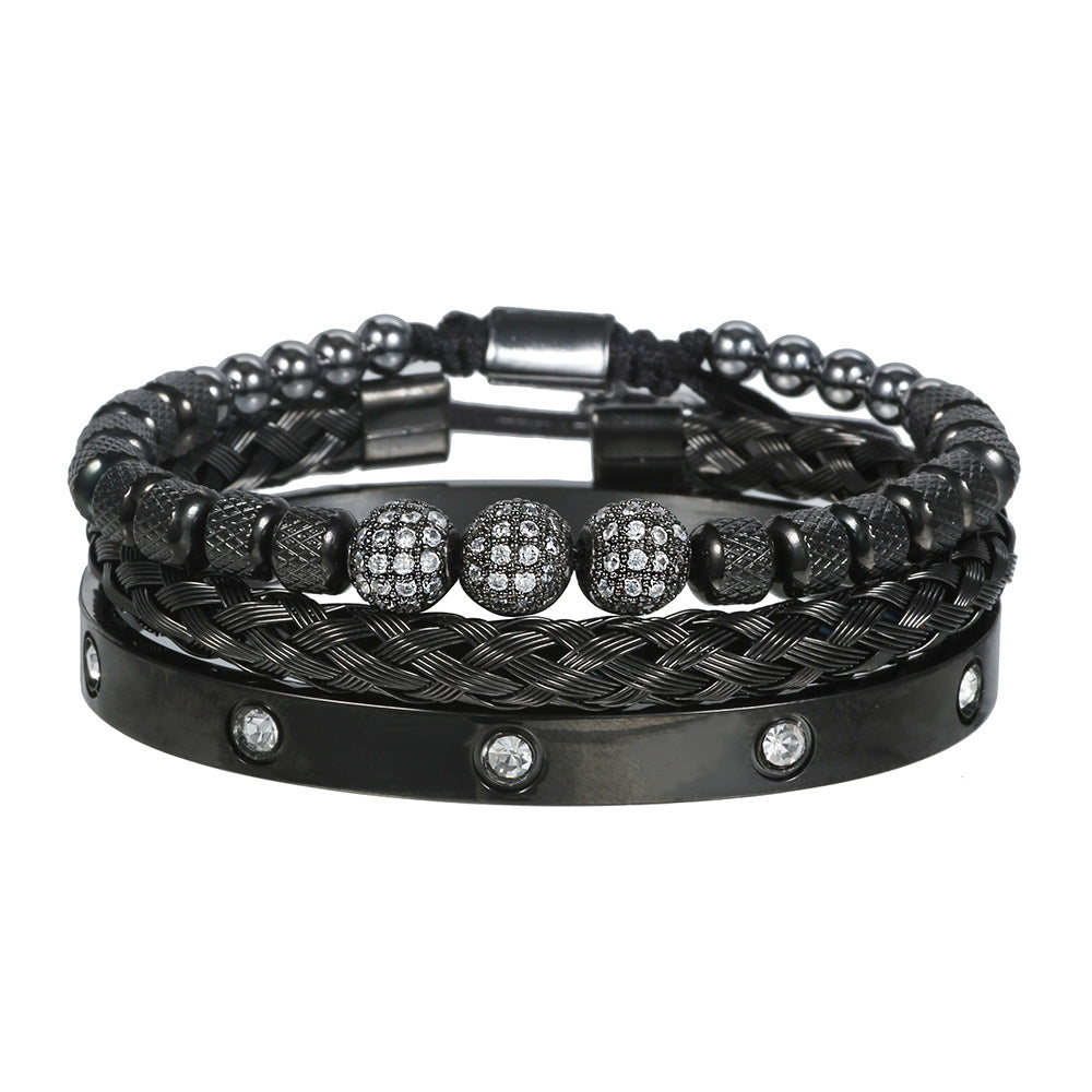 Geometric Round Stainless Steel Plated Bracelet Set with Cubic Zirconia Beads and Roman Numerals for Men and Women