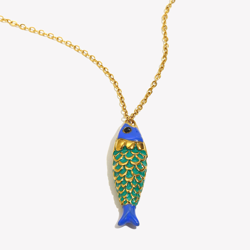 Luxury Minimalist Fish-Shaped Stainless Steel Plated 18K Gold Enamel Necklace for Women