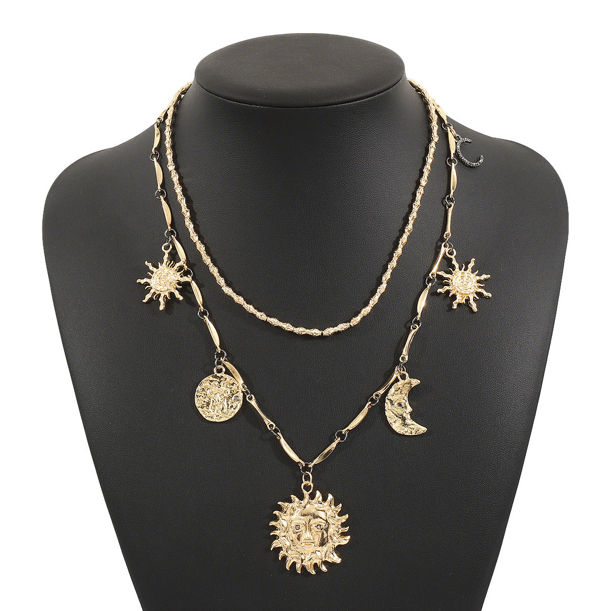 Collana da donna con ciondolo luna e stella vintage, con base in lega e intarsio di strass su catena standard