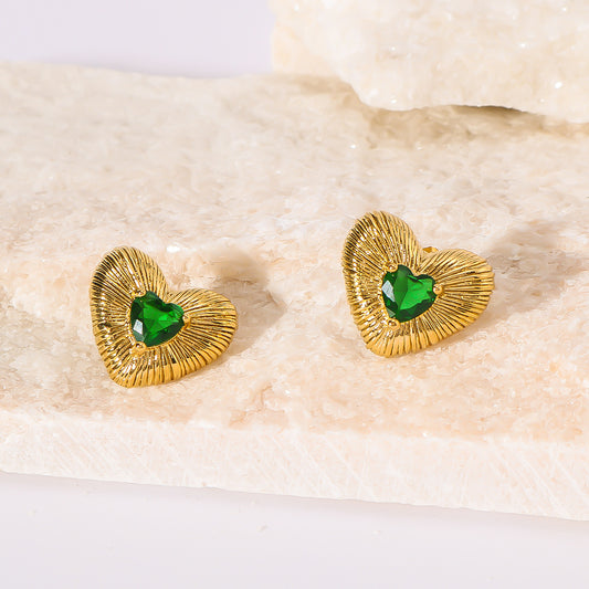 Minimalist Heart-Shaped Stainless Steel Stud Earrings with Rhinestone Inlay and 18K Gold Plating for Women