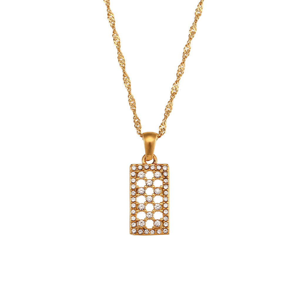 Fashionable Minimalist Geometric Hollow Long Pendant Necklace for Women in Stainless Steel with Rhinestone Inlay and Plated Finish