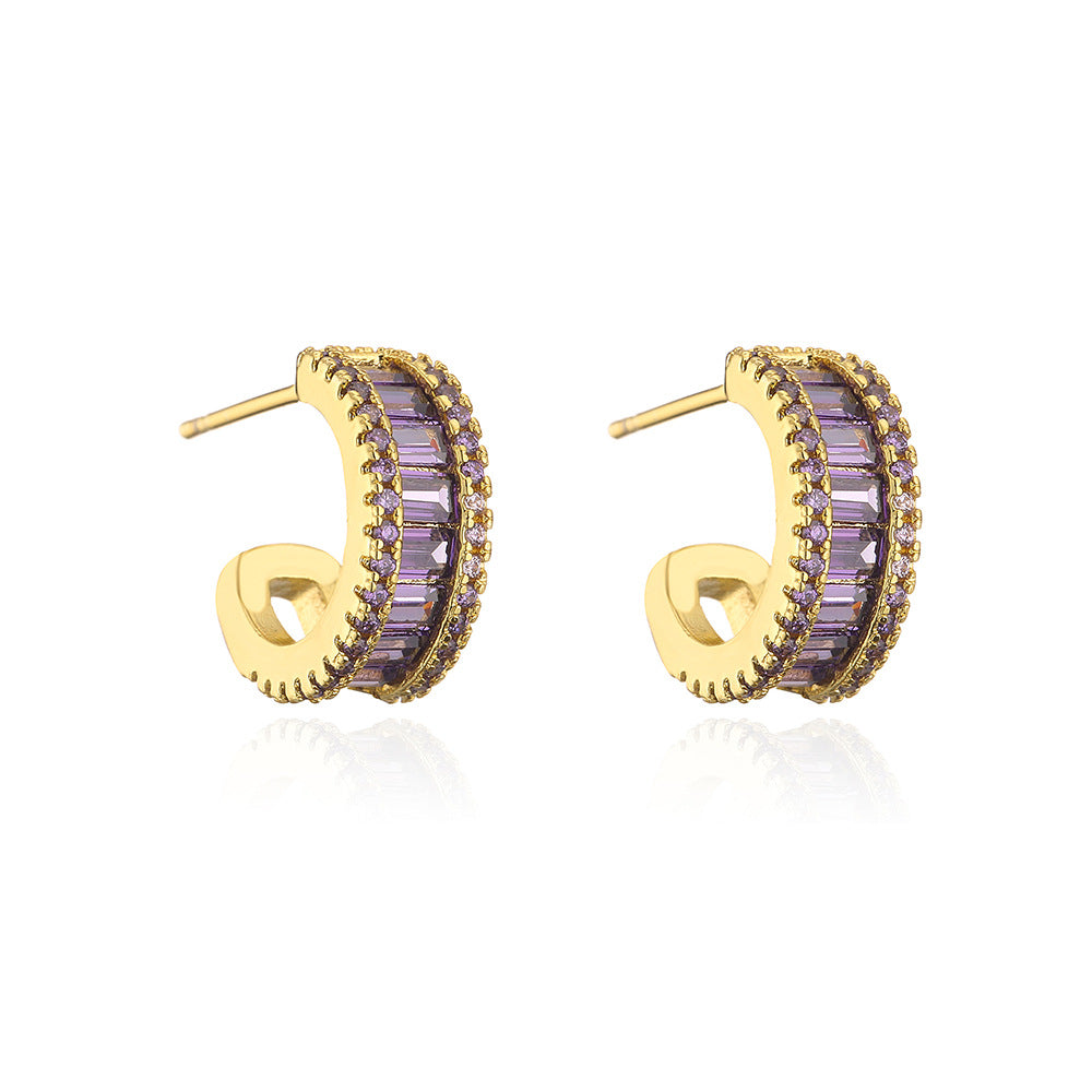 Orecchini da donna geometrici minimalisti a semicerchio a C in ottone con placcatura in oro 18 carati e zirconi micro-pavé