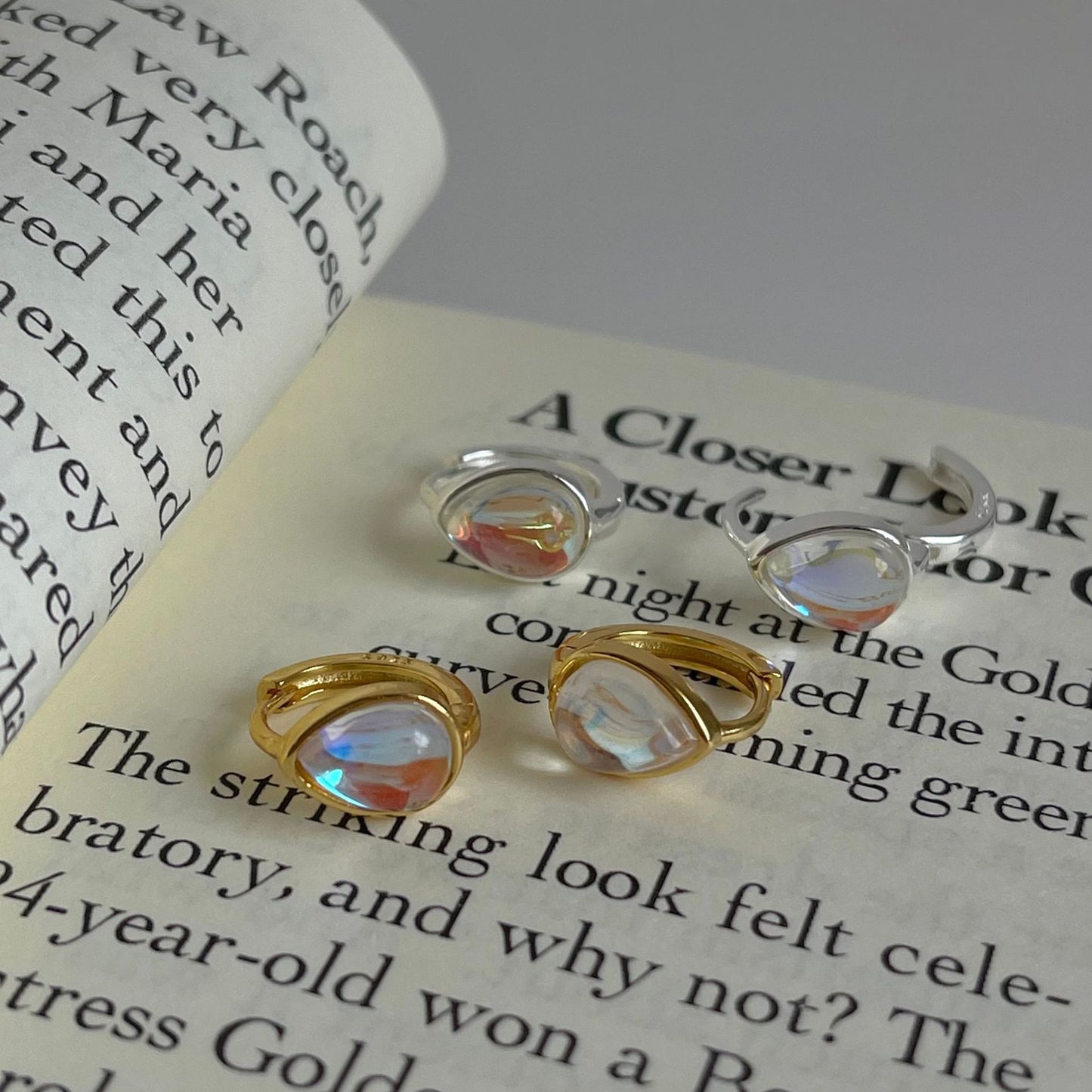 Minimalist Fashion Ear Cuffs in 925 Sterling Silver with AB Rhinestone Inlay and Teardrop Shape