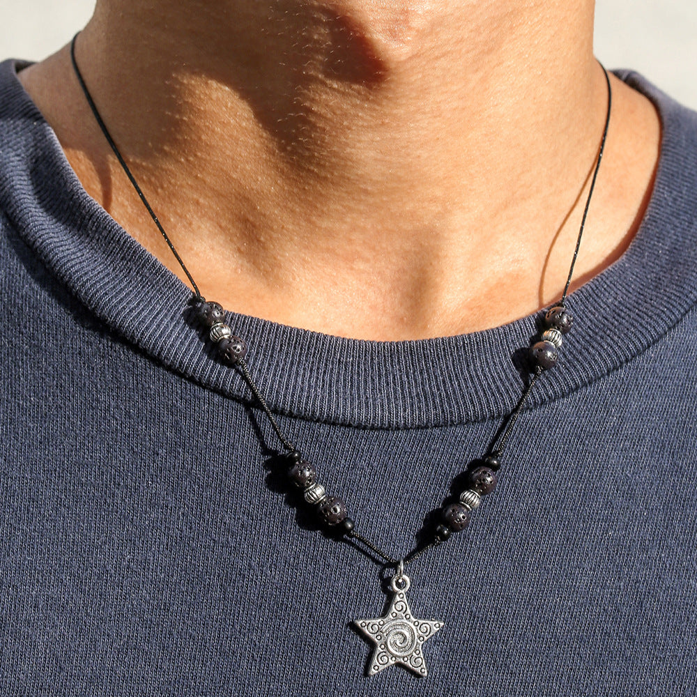 Hip-hop Geometric Star Alloy Pendant Necklace with Stone Inlay on Cable Chain for Unisex