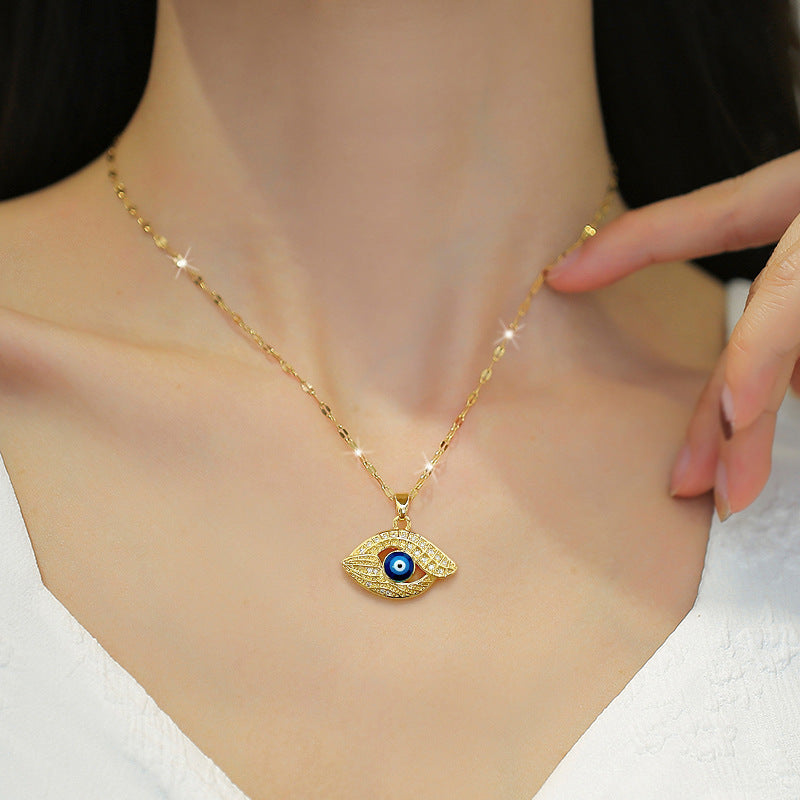 Collana Pendente Minimalista Geometrica a Occhio di Allah per Donna e Uomo in Acciaio al Titanio con Intarsio di Strass e Delicata Catena a Serpente