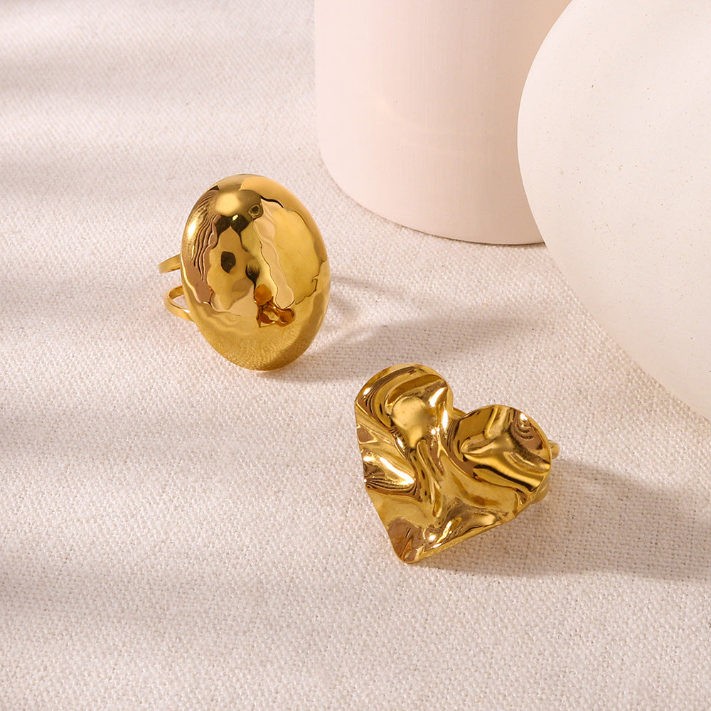 Vintage Stainless Steel Adjustable Heart-Shaped Hammered Texture Ring with 18K Vacuum Plated Gold Finish