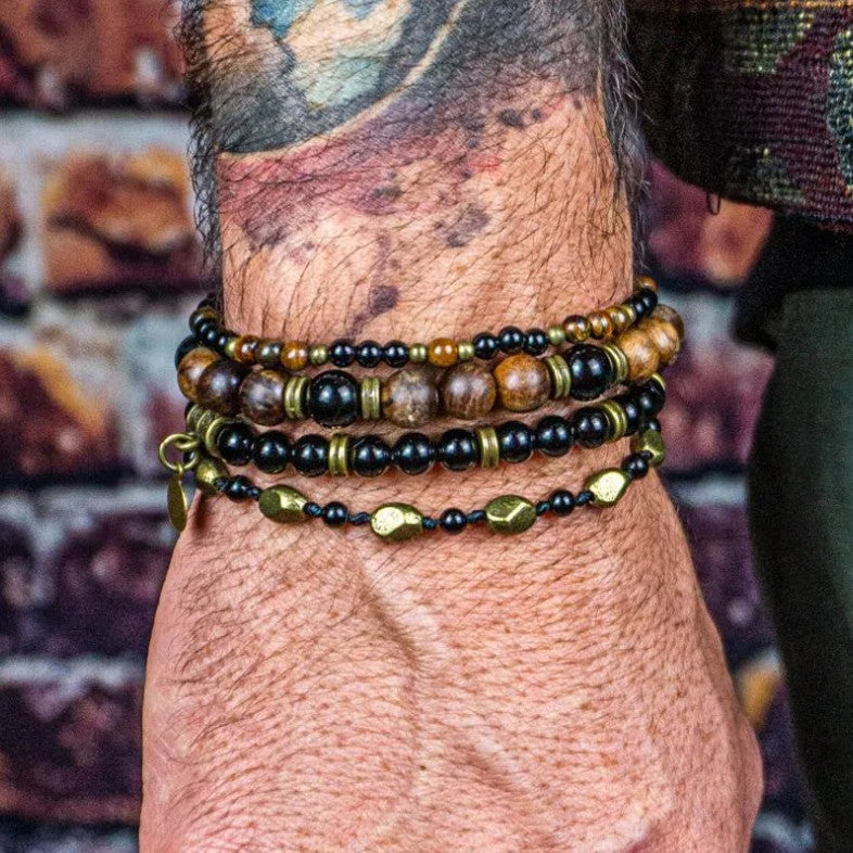 Hip-hop Men's Natural Tiger Eye Black Agate Wood Bead Stretch Bracelet Geometric Round Adjustable