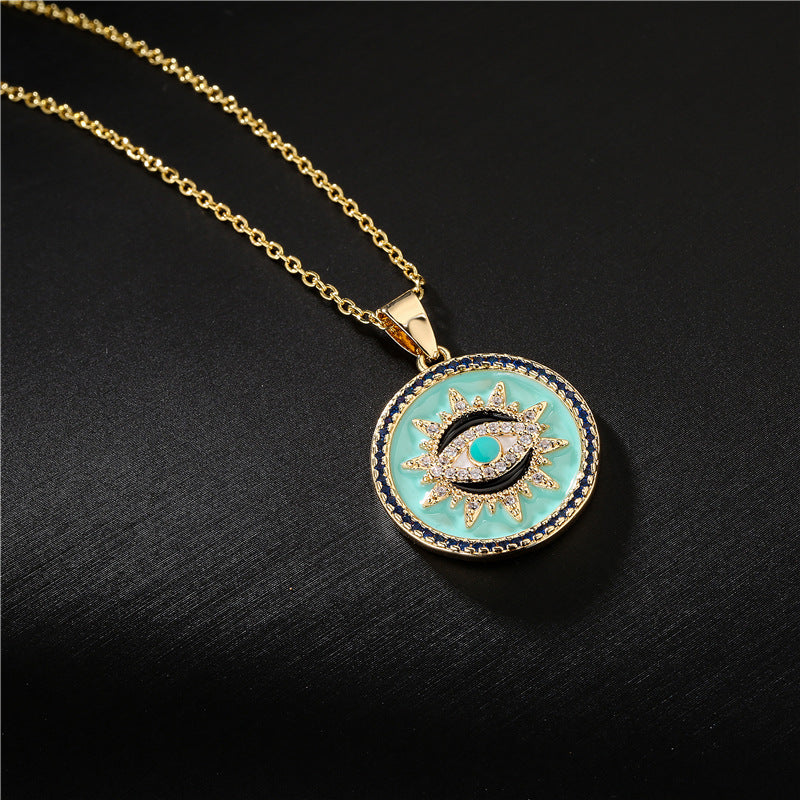 Geometric Brass Drip Oil Inlaid Cubic Zirconia Evil Eye Pendant Necklace with Cable Chain