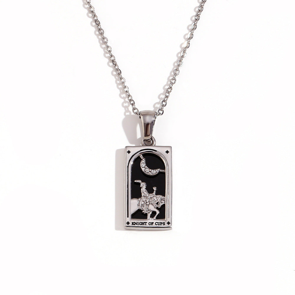 Vintage Tarot Card Pendant Necklace for Women Stainless Steel with 18K Gold Plating Geometric Four-Sided Design Fashion Office Style