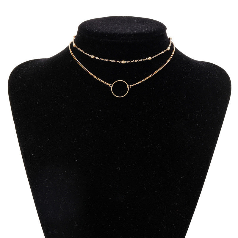Minimalist Sweet Geometric Round Alloy Plated Pendant Double Layer Ball Chain Necklace for Women