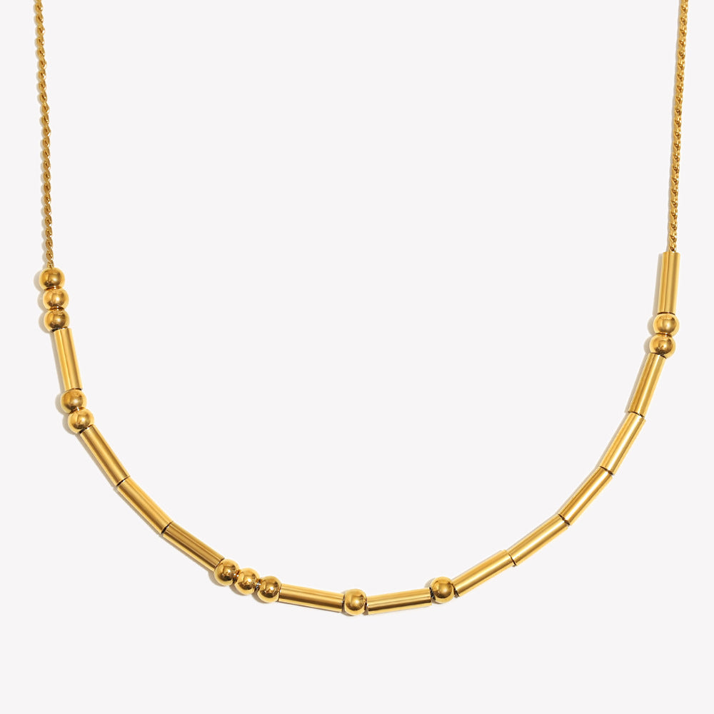 Minimalist Geometric Stainless Steel Pendant Necklace with 18K Gold Plated Beads and Round Tube Links
