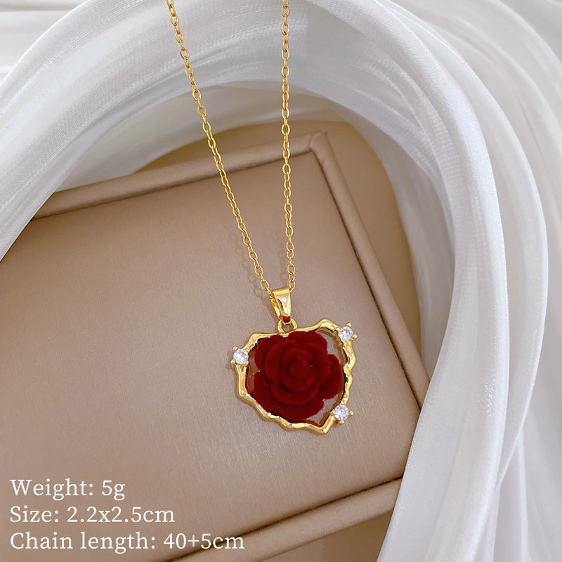 Sweet Elegant Heart Floral Rhinestone Titanium Steel Necklace Unisex Cable Chain