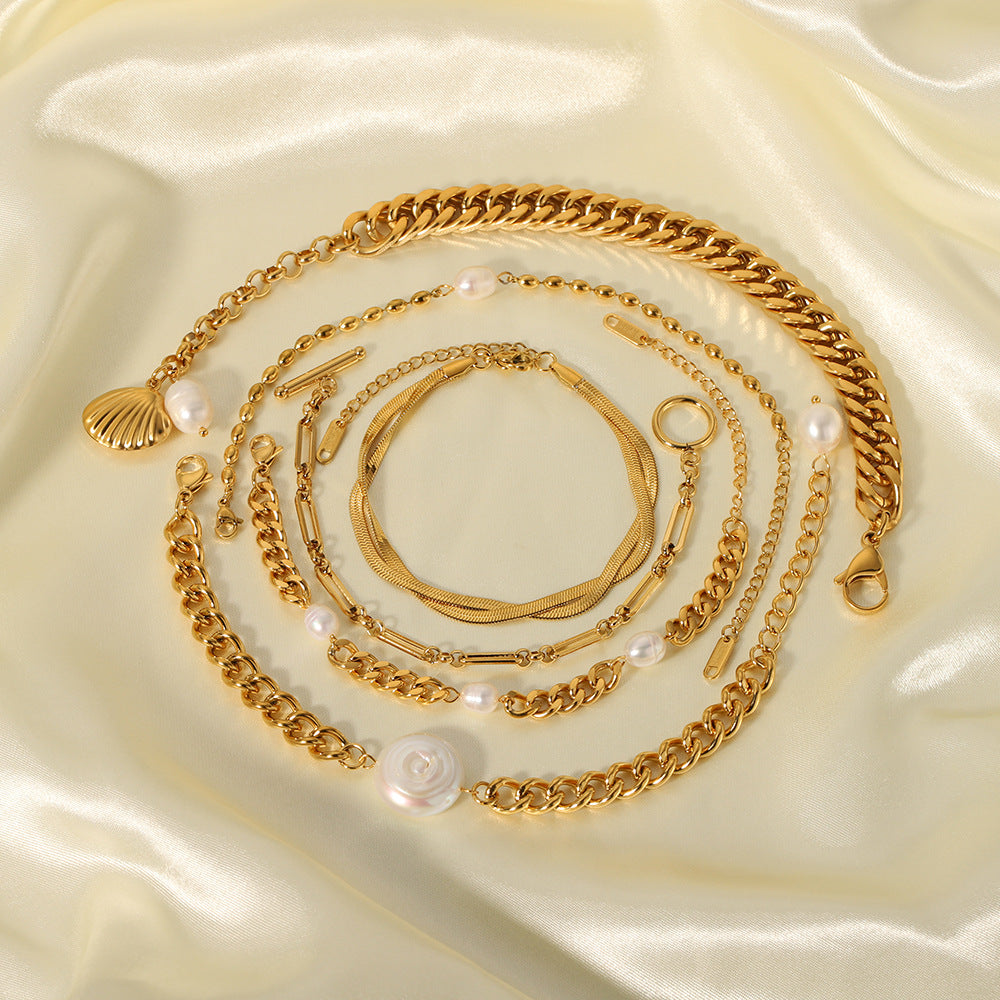 Geometric Style Gold Plated Stainless Steel Double Layer Cuban Bracelet with Pearl and Shell Accents Beach Inspired Unisex Bracelet