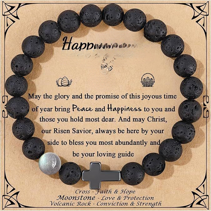 Minimalist 8mm Cross Moonstone Volcanic Stone Beaded Bracelet Unisex