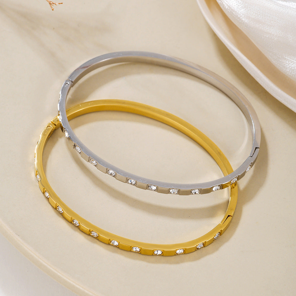 Vintage Geometric Round Cubic Zirconia Inlaid Titanium Steel Bangle for Women and Men