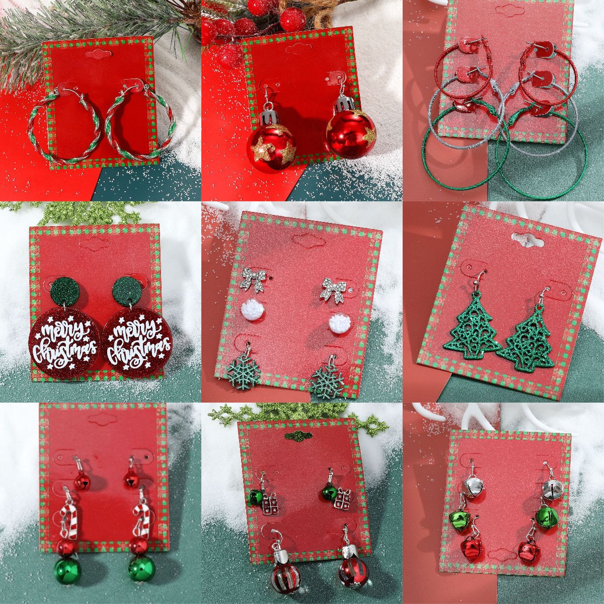 Pendientes de Navidad geométricos estilo Ins para mujer con esmalte de copo de nieve, reno y cascabel.