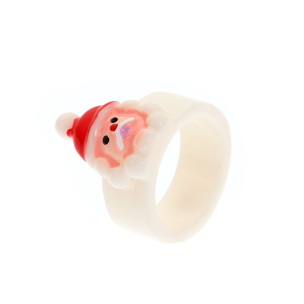 Simpatico anello in resina a tema natalizio per donna con forme di albero di Natale e renne, design geometrico smaltato