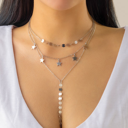 Minimalist Star-Shaped Alloy Pendant Necklace with Layered Tassel Accents and Plated Finish for Women