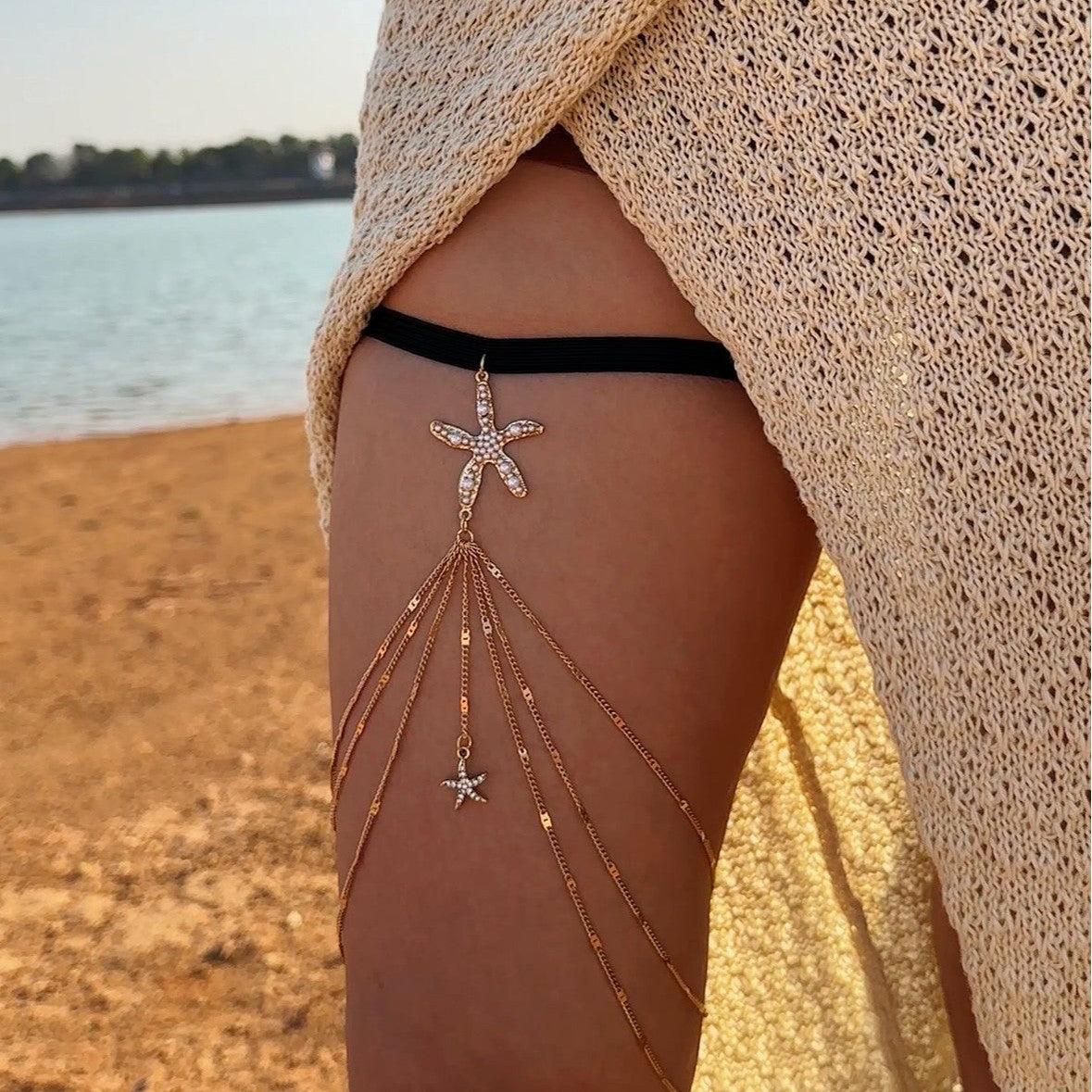 Casual Marine Starfish Alloy Plated Leg Chain with Tassel and Elastic Band