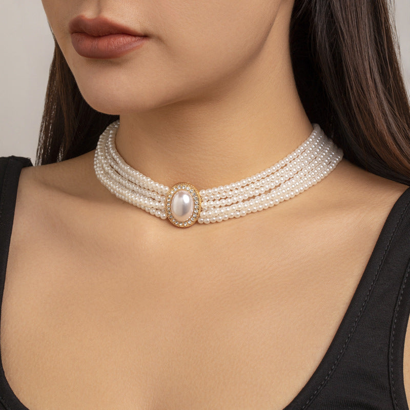 Vintage Elegant Geometric Alloy Necklace with Faux Pearl and Rhinestone Inlay, Multi-Layer Plated Chain for Women