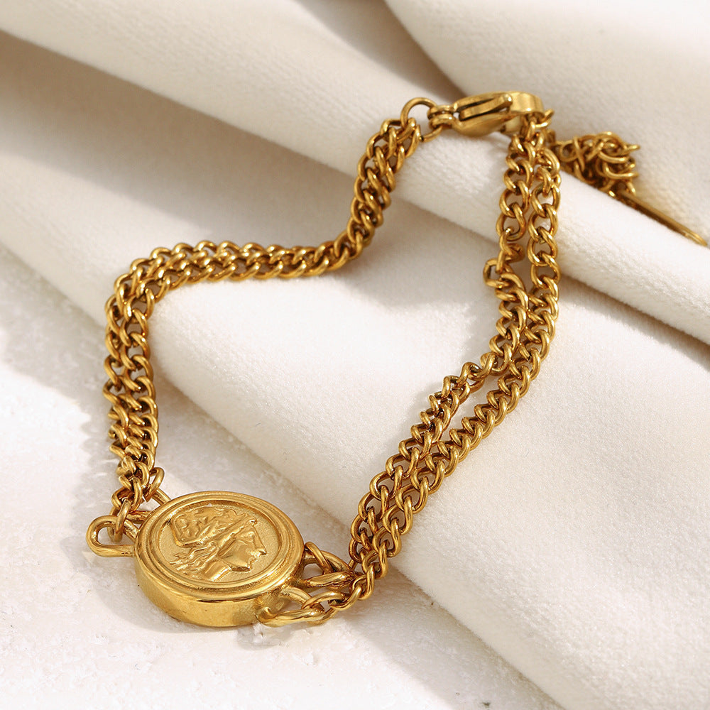 Fashionable Vintage Geometric Stainless Steel Plated 18K Gold Double Layer Queen Portrait Bracelet for Women