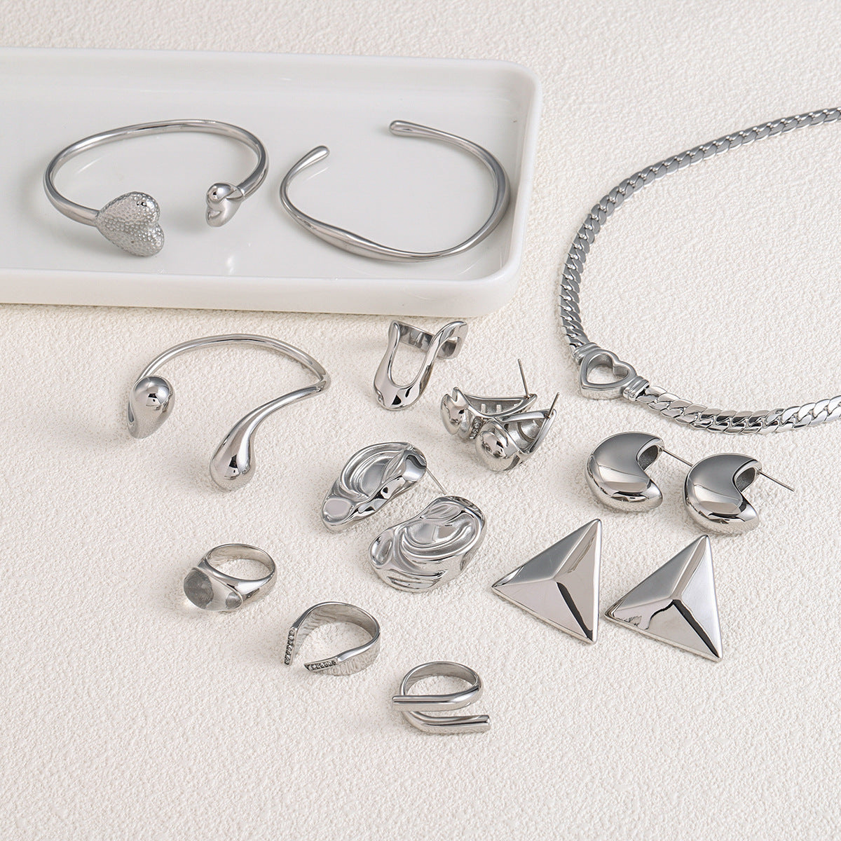 Minimalist Geometric Stainless Steel Bracelet Ring and Earrings Set with Polished Finish