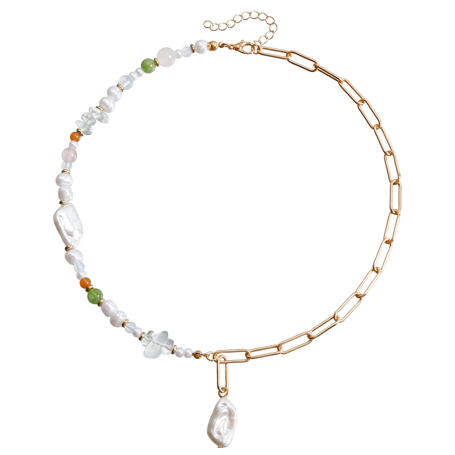 Fashion Minimalist Geometric Beaded Necklace with Imitation Pearls and Plated Metal Chain for Women