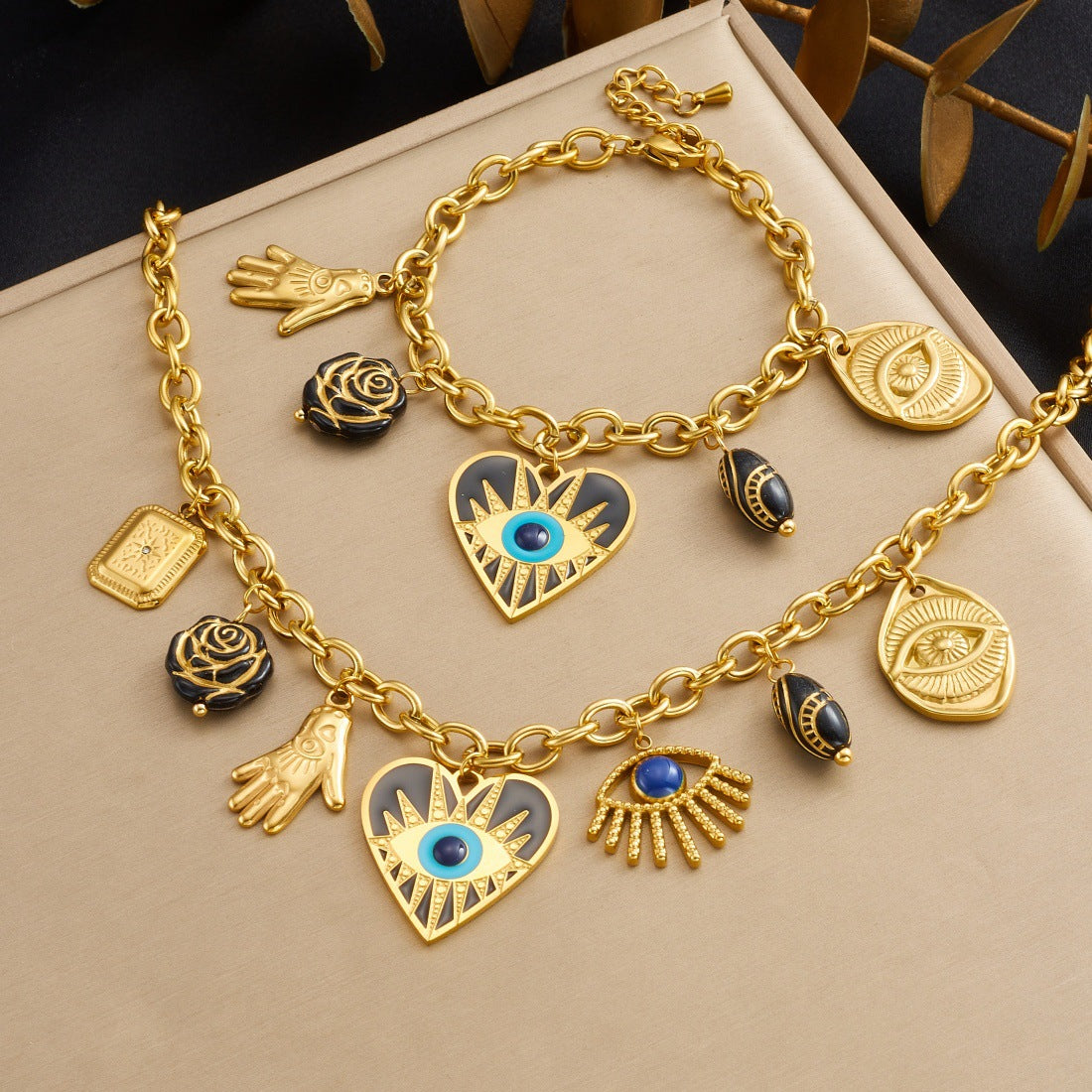 Vintage Bohemian Heart Teardrop Drip Oil Gold Plated Stainless Steel Evil Eye Compass Pendant Necklace and Bracelet Set with Cable Chain for Women