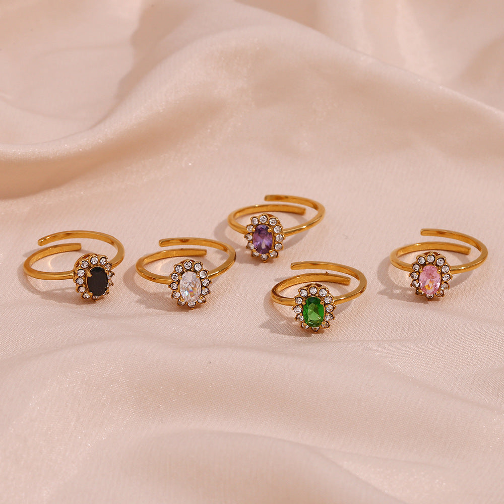 Minimalist Luxe Oval-Shaped Stainless Steel Plated 18K Gold Adjustable Ring with Cubic Zirconia