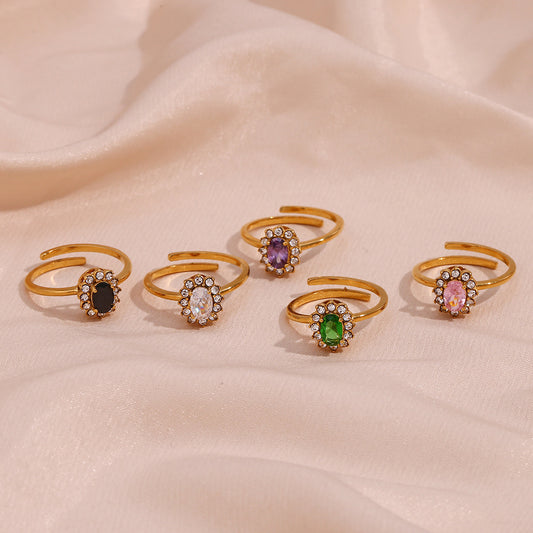 Minimalist Luxe Oval-Shaped Stainless Steel Plated 18K Gold Adjustable Ring with Cubic Zirconia