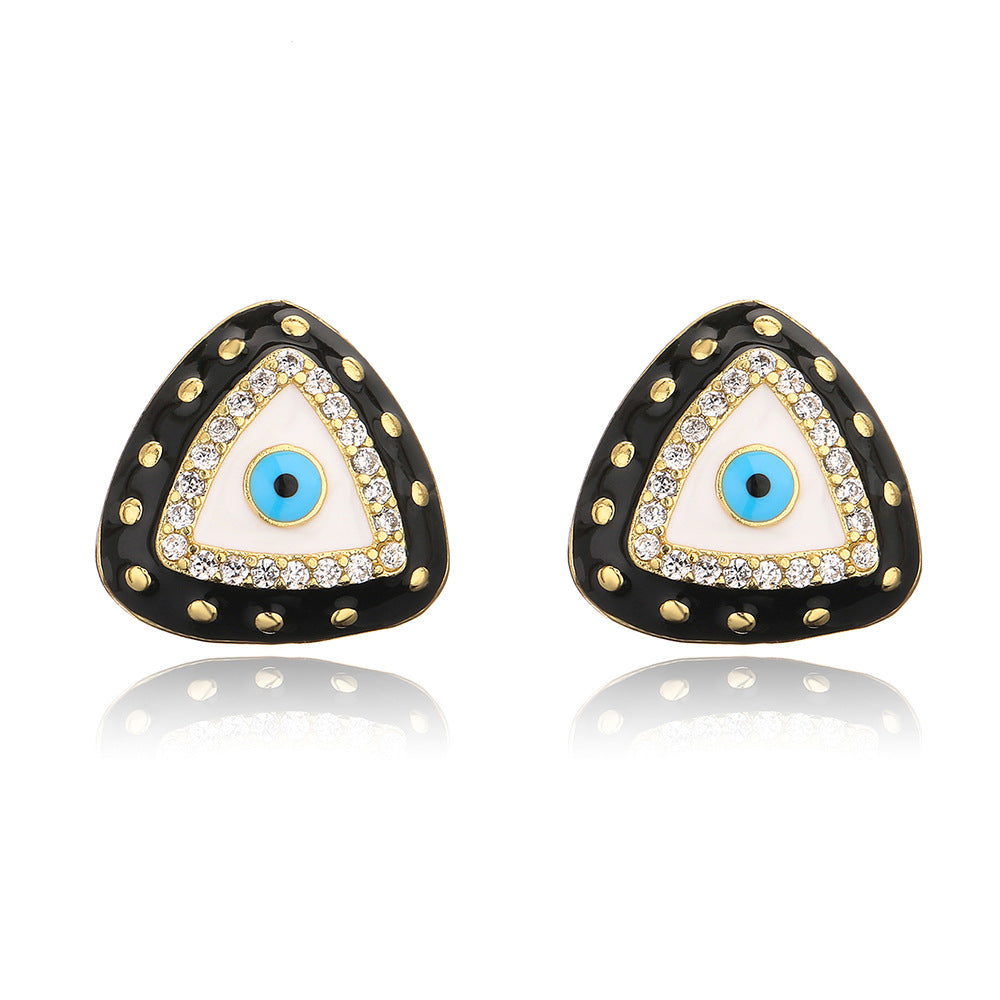 Geometric Eye-Shaped Enamel Zirconia Earrings for Women in Copper with 18K Gold Plating