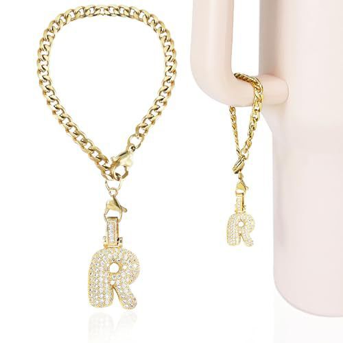 Cubic Zirconia Inlaid Brass Letter Charm Bar with Plated Finish