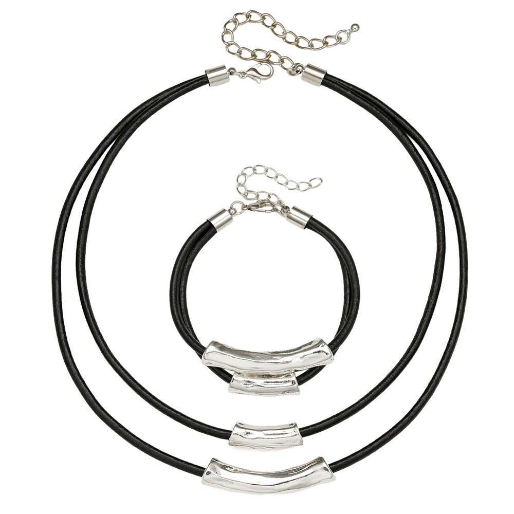 Hip-hop Geometric Alloy Plated Necklace with Leather Wax Cord and Cable Chain for Unisex