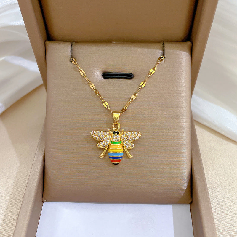 Luxury Titanium Steel Bee Pendant Necklace for Women with Geometric Design, Plated Finish, Delicate Clavicle Chain for Wedding and Party Occasions