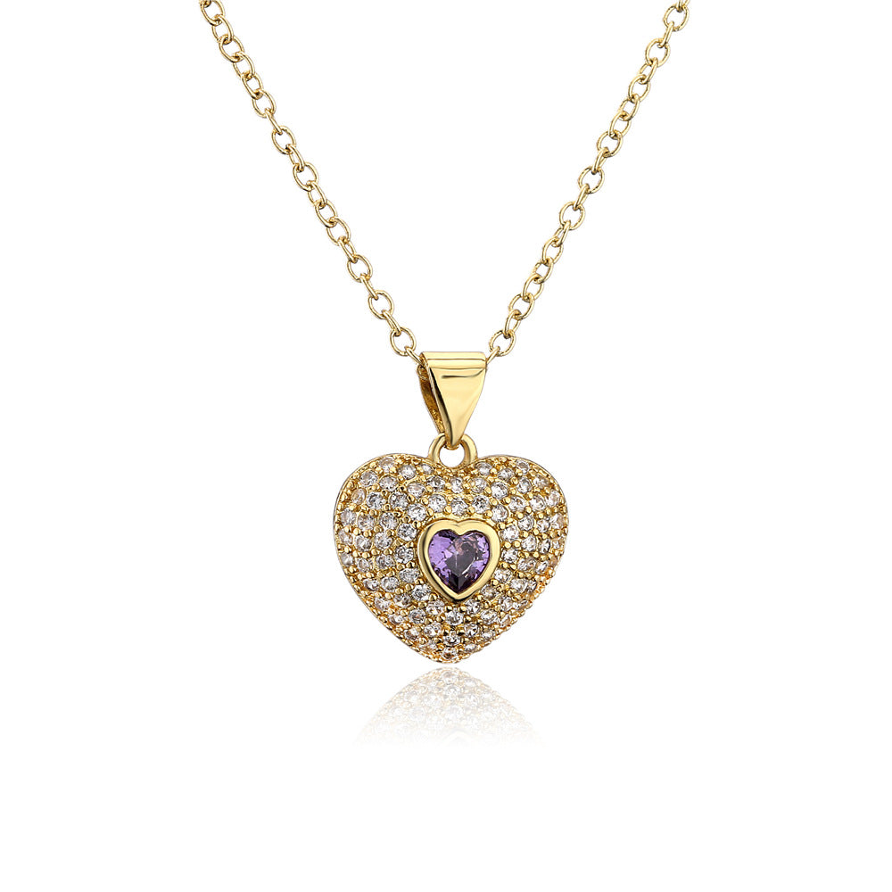 Gold Plated Brass Micro-Inlaid Cubic Zirconia Heart Geometric Pendant Necklace with Cable Chain