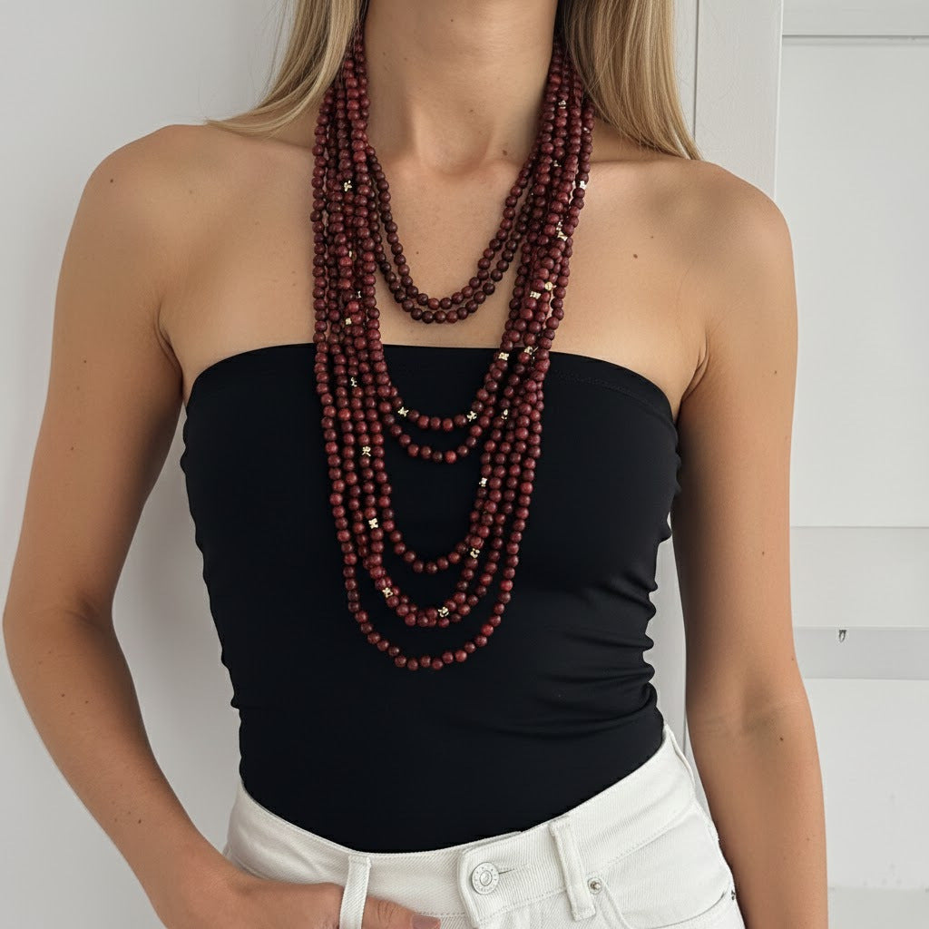 Vintage Geometric Wood Bead Necklace Multi-layered Ball Chain Long Pendant for Women