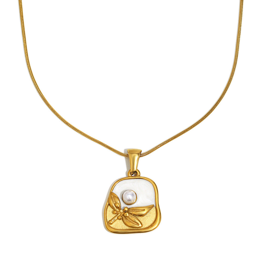 Collana da Donna Minimalista Geometrica in Acciaio Inossidabile Placcato Oro 18K con Ciondolo Floreale Effetto Perla e Smalto
