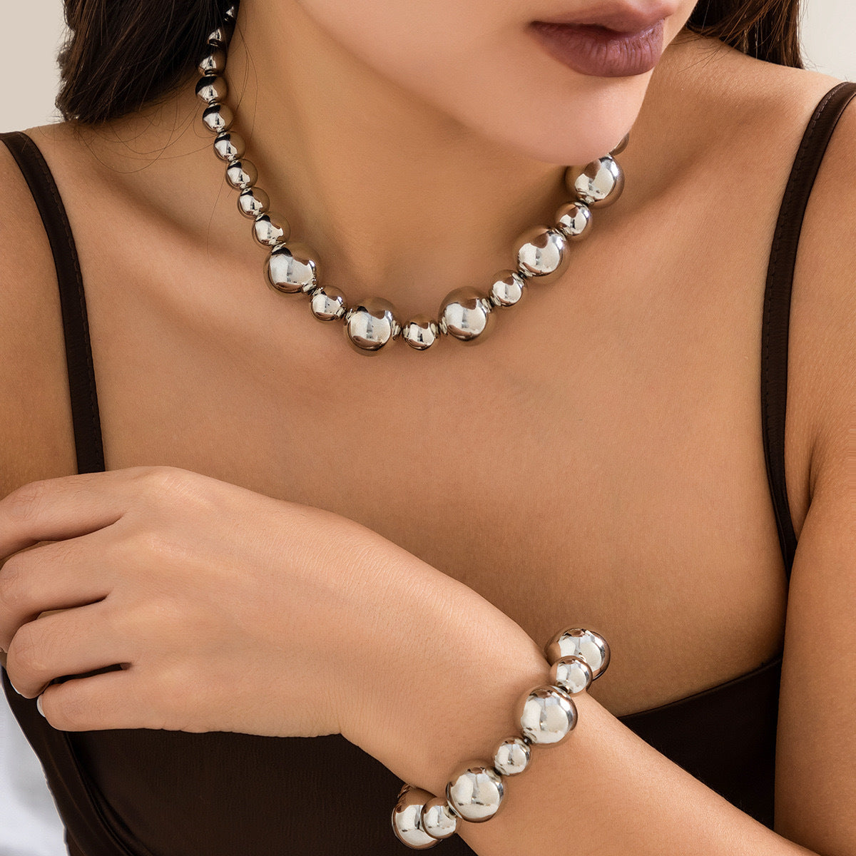 Punk Geometric Round Resin Beaded Ball Chain Necklace for Women