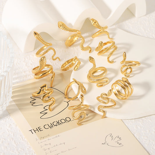 Geometric Snake-Shaped Stainless Steel Ring with 18K Gold Plating for Women