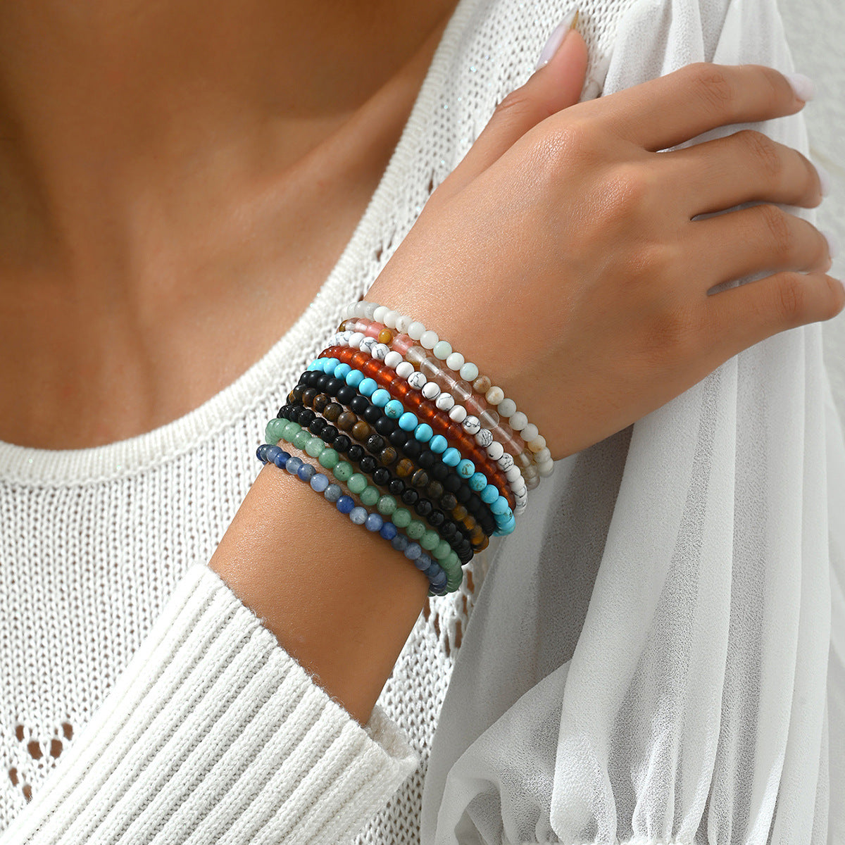 Fashion OL Style Geometric Beaded Bracelet Set for Women Handmade Woven Natural Stone Bracelets with Premium Aesthetic