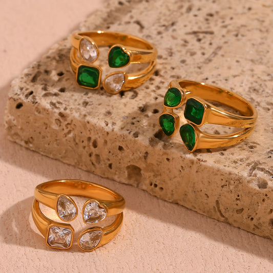 Minimalist Heart-Shaped Stainless Steel Ring with 18K Gold Plating and Double-Layer Open Band Featuring Cubic Zirconia Droplet Accents