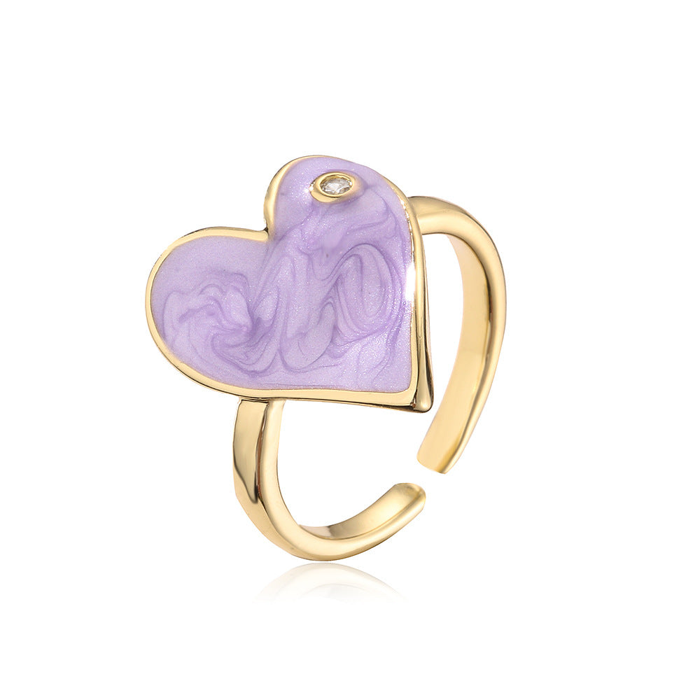 Cute Heart-Shaped Copper Ring with 18K Gold Plating and Enamel Finish for Women