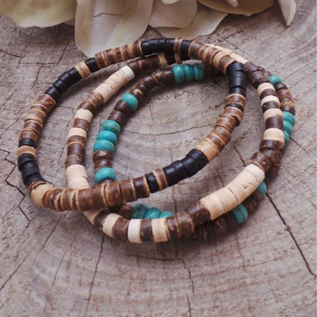 Minimalist Geometric Wood Turquoise Coconut Shell Beaded Bracelet Handmade Unisex Jewelry